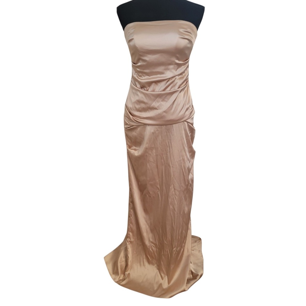 Vintage Y2K Gold Maxi Dress Sz 4 Tube Ruched Strapless Satin Homecoming Cocktail